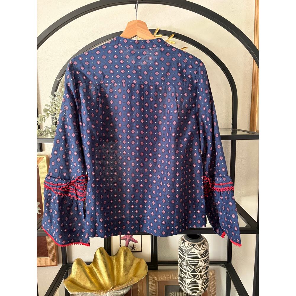 J.Crew Womens 6 Cotton Silk Embroidered Bell Sleeve Peasant Blouse Navy Boho - Picture 2 of 7